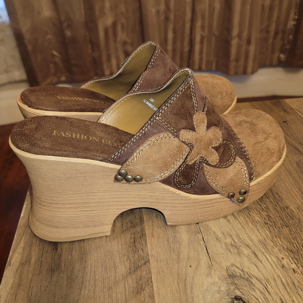 Fashion Bug Brown Suede Floral Overlay Wedge Mules